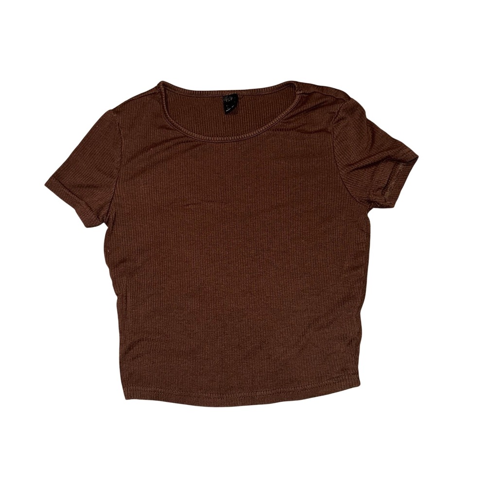Shein Brown Ribbed Short Sleeve Cropped Top Tee XS JIT8145325